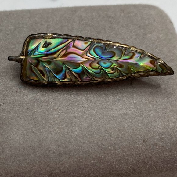 Vintage Dainty Sterling Silver Leaf Feather, Inlaid Abalone Shell Brooch Pin - Picture 2 of 6